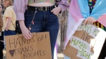 High school students join a walkout protesting the province's proposed pronoun legislation in Regina, Tuesday, Oct. 17, 2023. THE CANADIAN PRESS/Valerie Zink