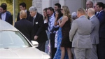 Guy Gaudreau (centre), the father of Johnny and Matthew Gaudreau, leaves his sons' funeral, Sept. 9, 2024, in Pennsylvania. (AP Photo/Matt Rourke)