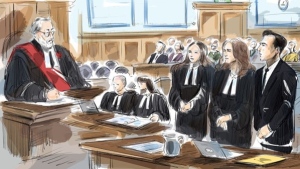 Opening arguments are expected to get underway today in the sexual assault trial of Canadian musician Jacob Hoggard. Justice Robin Tremblay, left to right, Assistant Crown Attorney Peter Keen, Crown Attorney Lilly Gates, Hoggard's lawyers Kally Ho, Megan Savard and Hoggard are shown in a courtroom sketch in Haileybury, Ont., Monday, Sept. 23, 2024. THE CANADIAN PRESS/Alexandra Newbould