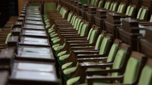 The House of Commons is expected to debate a Conservative non-confidence motion today that is the Conservatives’ first attempt of the fall to take down the Liberal government. Chairs and desks sit empty in the Chamber of the House of Commons, in Ottawa, Thursday, Sept. 12, 2024. THE CANADIAN PRESS/Adrian Wyld