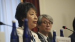 Japanese Foreign Minister Yoko Kamikawa, left, speaks in New York, Monday, Sept. 23, 2024. (Bryan R. Smith/Pool Photo via AP)