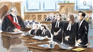 Opening arguments are expected to get underway today in the sexual assault trial of Canadian musician Jacob Hoggard. Justice Robin Tremblay, left to right, Assistant Crown Attorney Peter Keen, Crown Attorney Lilly Gates, Hoggard's lawyers Kally Ho, Megan Savard and Hoggard are shown in a courtroom sketch in Haileybury, Ont., Monday, Sept. 23, 2024. THE CANADIAN PRESS/Alexandra Newbould