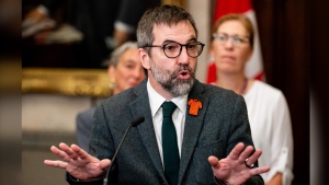 Steven Guilbeault, Minister of Environment and Climate Change, delivers remarks in the foyer of the House of Commons on Parliament Hill in Ottawa, on Tuesday, Sept. 24, 2024. THE CANADIAN PRESS/Spencer Colby