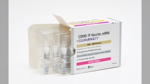 Health Canada has approved Pfizer-BioNTech's updated COVID-19 vaccine that protects against one of the most recently circulating variants of the virus. Packaging for the Pfizer's updated COVID vaccine for ages 12 and up is shown in an August 2024 handout photo. THE CANADIAN PRESS/AP-HO, Pfizer, Steven Decroos