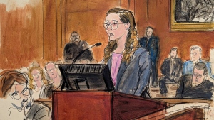 In this courtroom sketch, Caroline Ellison gives her sentencing statement at Manhattan federal court in New York City on Sept. 24, 2024. (Elizabeth Williams via AP)