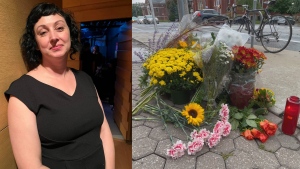 Julia Cleveland (left) was killed when she was struck by a car involved in a collision at an intersection at The Junction on Monday, Sept. 23, 2024. Flowers and candles have been dropped off at a makeshift memorial near the scene on Tuesday, Sept. 24, 2024. (Submitted/CP24)