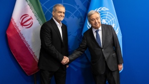 President of Iran Masoud Pezeshkian, left, and U.N. Secretary-General Antonio Guterres shake hands at the United Nations headquarters in New York, Monday, Sept. 23, 2024. (Stefan Jeremiah / AP Photo)