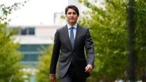 Prime Minister Justin Trudeau arrives to speak to reporters during the 79th Session of the UN General Assembly at United Nations headquarters, Tuesday, Sept. 24, 2024. THE CANADIAN PRESS/Sean Kilpatrick