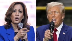 Democratic presidential nominee U.S. Vice President Kamala Harris speaks at a campaign event, Aug. 18, 2024, in Rochester, Pa., left, and Republican presidential nominee former U.S. president Donald Trump speaks during a campaign event, Aug. 19, 2024, in York, Pa. (AP Photo)