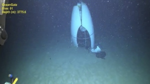 This June 2023 image provided by Pelagic Research Services shows remains of the Titan submersible on the floor of the Atlantic Ocean. (Pelagic Research Services via AP)