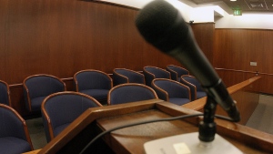 FILE - In this Jan. 30, 2005, file photo, the jury box is seen from the podium at which lawyers will speak in empty Courtroom No. 8 at the Santa Barbara County courthouse in Santa Maria, Calif. (Spencer Weiner / Los Angeles Times via AP, Pool, File)