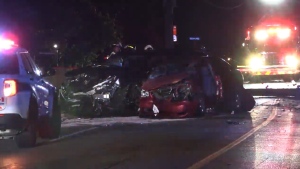 Wrecked vehicles are pictured following a multi-vehicle collision in Mississauga near Queen Street South and Reid Drive Wednesday September 25th 2024. (Jacob Estrin) 