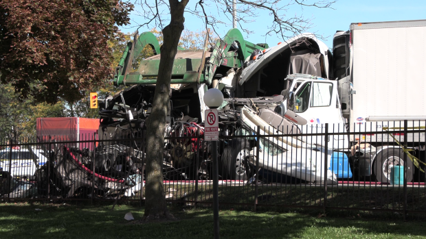 A tractor trailer and a garbage truck collide in the area of Goreway Drive and Derry Road West in Mississauga on Thursday, Sept. 26, 2024. (CP24)