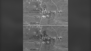 In this combination of the satellite images shows a view of northern Lebanon, on Aug. 9, 2024, before airstrikes, top, and on Sept. 26, 2024, after airstrikes. (Satellite image ©2024 Maxar Technologies via AP)