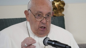 Pope Francis delivers his message during a meeting with the authorities and the civil society in the Grande Galerie of the Castle of Laeken, Brussels, Friday, Sept. 27, 2024. (AP Photo/Andrew Medichini)