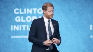 Britain's Prince Harry speaks during the Clinton Global Initiative, on Tuesday, Sept. 24, 2024, in New York. (AP Photo/Andres Kudacki)