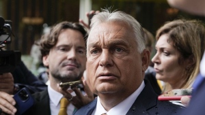 Hungarian Prime Minister Viktor Orban talks to reporters at The European House Ambrosetti (TEHA) economic forum in Cernobbio, Como Lake, Italy, Friday, Sept. 6, 2024. (AP Photo/Luca Bruno)