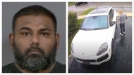 Rainer Herschel Fernando, 36, is shown on the left. Fernando is facing charges in connection with the theft of a Porsche that was captured on video. (Peel Regional Police)