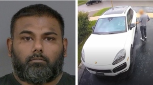 Rainer Herschel Fernando, 36, is shown on the left. Fernando is facing charges in connection with the theft of a Porsche that was captured on video. (Peel Regional Police)