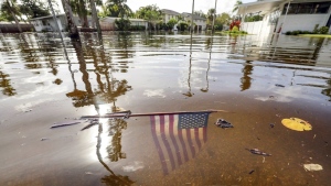 An American flag sits in the floodwaters from Hurricane Helene in the Shore Acres neighbourhood Friday, Sept. 27, 2024, in St. Petersburg, Fla. (AP Photo/Mike Carlson)