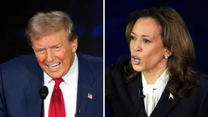 This combination of photos shows Republican presidential nominee former President Donald Trump, left, and Democratic presidential nominee Vice President Kamala Harris during an ABC News presidential debate at the National Constitution Center, Sept. 10, 2024, in Philadelphia. (Alex Brandon / The Associated Press)