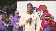 Vince Carter speaks at the announcement of his Toronto Raptors jersey retirement on Friday, Sept. 27, 2024.