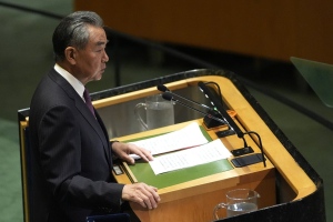 China's Minister for Foreign Affairs Wang Yi addresses the 79th session of the United Nations General Assembly, Saturday, Sept. 28, 2024. (AP Photo/Pamela Smith)