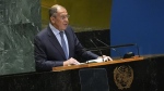 Russia's Minister for Foreign Affairs Sergey Lavrov addresses the 79th session of the United Nations General Assembly, Saturday, Sept. 28, 2024. (AP Photo/Pamela Smith)