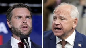 This combination of photos shows Republican vice presidential nominee Sen. JD Vance, R-Ohio, left, on Aug. 6, 2024, in Philadelphia, and Democratic vice presidential candidate Minnesota Gov. Tim Walz, Aug. 9, 2024, in Glendale, Ariz. (AP Photo)