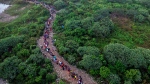 Aerial view of migrants walking by the jungle near Bajo Chiquito village, the first border control of the Darien Province in Panama, on Sept. 22, 2023. The clandestine journey through the Darien Gap usually lasts five or six days, at the mercy of all kinds of bad weather (Luis Acosta / AFP via Getty Images)