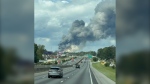 A fire at a Georgia chemical plant apparently caused by a sprinkler head malfunction Sunday morning is forcing evacuations and road closures in the area. (Eric Wood via CNN Newsource)