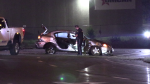 Police are on the scene of a two-vehicle crash on Highway 403 in Mississauga on Sunday, Sept. 29, 2024. (Jacob Estrin/CTV News Toronto)