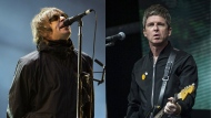 Liam Gallagher performs at the Reading Music Festival, England on Aug. 29, 2021, left, and Noel Gallagher performs at the Glastonbury Festival in Worthy Farm, Somerset, England, on June 25, 2022. (AP Photo)