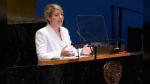 Foreign Affairs Minister Mélanie Joly is asking members of the United Nations to counter growing political polarization. Joly addresses the 79th session of the United Nations General Assembly, Monday, Sept. 30, 2024. THE CANADIAN PRESS/AP-Richard Drew