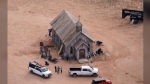 FILE - This aerial photo shows the movie set of "Rust," at Bonanza Creek Ranch, Oct. 23, 2021, in Santa Fe, N.M. (AP Photo/Jae C. Hong, File)