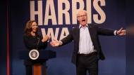 This image released by NBC shows Maya Rudolph as Kamala Harris, left, and Jim Gaffigan as Tim Walz, during the cold open sketch on "Saturday Night Live" in New York on Saturday, Sept. 28, 2024. (Will Heath/NBC via AP)