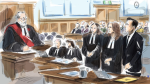 Justice Robin Tremblay, left to right, Assistant Crown Attorney Peter Keen, Crown Attorney Lilly Gates, Hoggard's lawyers Kally Ho, Megan Savard and Hoggard are shown in a courtroom sketch in Haileybury, Ont., Monday, Sept. 23, 2024. THE CANADIAN PRESS/Alexandra Newbould
