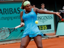 USA's Serena Williams returns the ball to Russia's Anastasia Pavlyuchenkova during their third round match for the French Open tennis tournament at the Roland Garros stadium in Paris, Saturday, May 29, 2010. (AP Photo/Christophe Ena)