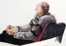 An artist drawing of serial killer Robert Pickton, left, listening to the guilty verdict in BC Supreme Court in New Westminster, B.C. on Sunday, December 9, 2007.   THE CANADIAN PRESS / Felicity Don