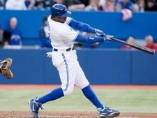 Toronto Blue Jays Rajai Davis homers to left off New York Mets starting pitcher Jon Niese during the third inning of MLB baseball action in Toronto on Friday, May 18, 2012. (THE CANADIAN PRESS/Chris Young)