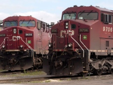 Canadian Pacific locomotives sit in a rail yard in Montreal on Wednesday, May 23, 2012. Labour Minister Lisa Raitt says the conditions are in place to order striking workers at Canadian Pacific back to work.The minister says she will likely decide at midnight whether to table legislation when the House resumes Monday ordering about 4,800 workers at CP rail back to work. THE CANADIAN PRESS/Ryan Remiorz