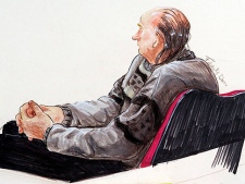 An artist's drawing of serial killer Robert Pickton listening to the guilty verdict handed to him BC Supreme Court in New Westminster, Sunday, December 9, 2007. (THE CANADIAN PRESS/Felicity Don)