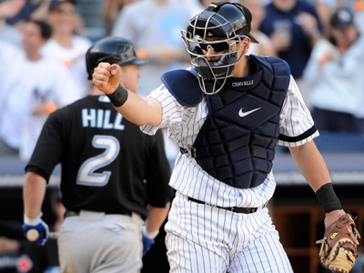 New York Yankees Nick Swisher hits a solo homer in the ninth inning against  the Toronto Blue Jays at Yankee Stadium in New York City on August 2, 2010.  The Toronto Blue