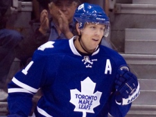 Toronto Maple Leafs forward Phil Kessel  celebrates his goal against the Ottawa Senators during first period pre-season NHL hockey action in Toronto on Wednesday September 22, 2010. THE CANADIAN PRESS/Frank Gunn