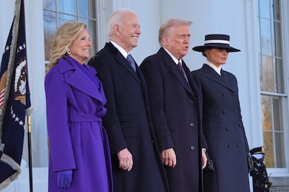 U.S. President Joe Biden, centre left, and first lady Jill Biden, left, pose with President-elect Donald Trump, center right, and Melania Trump, right, upon arriving at the White House, Monday, Jan. 20, 2025, in Washington. (AP Photo/Evan Vucci)